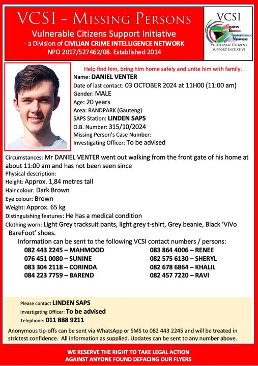 Daniel Venter Missing Person: Community On High Alert Help Find